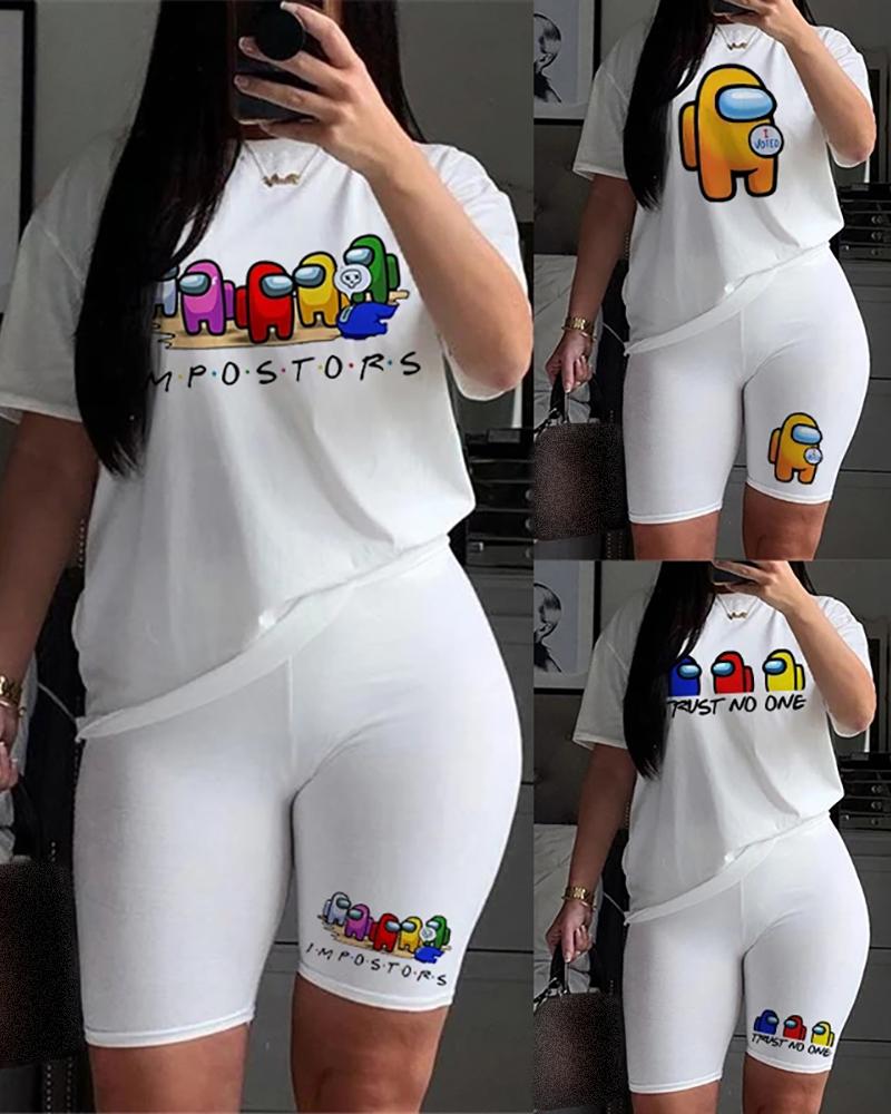 

Letter Graphic Print Short Sleeve Top & Shorts Set, Style6