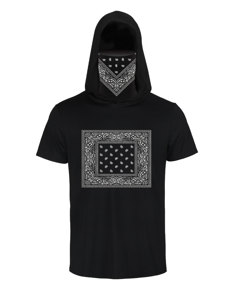 

Print Hooded Casual T-shirt With Ear Loop Face Bandana, Black
