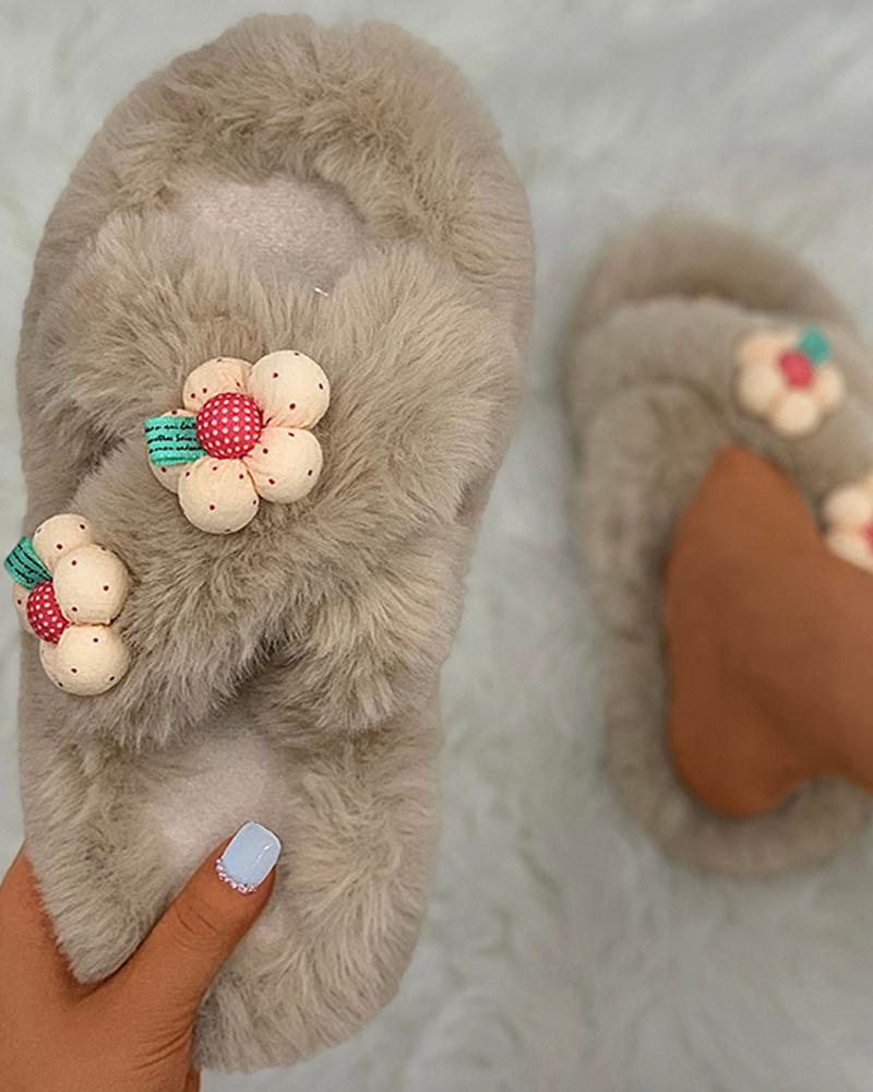 

Floral Pattern Cross Fluffy Slippers, Khaki