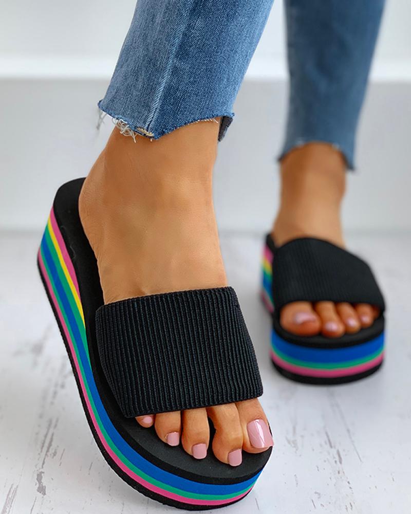 

Colorblock Flatform Wedge Heeled Sandals, Black