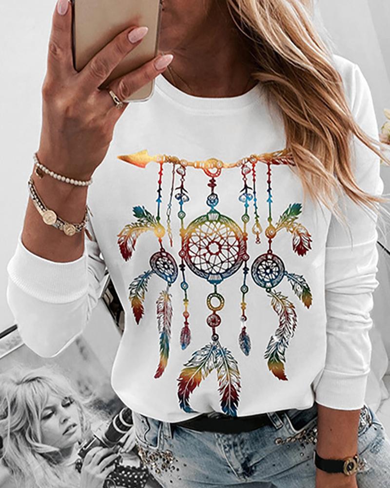 

Round Neck Graphic Print Blouse, White