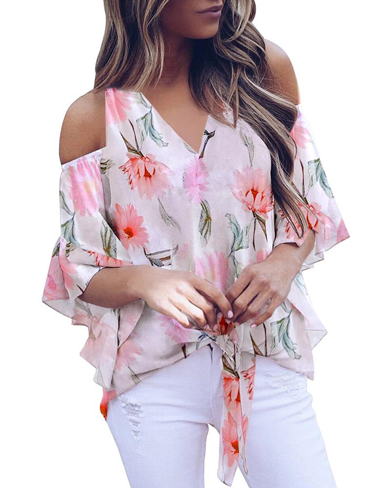 

Cold Shoulder Floral Print Knotted Ruffles Top, Pink