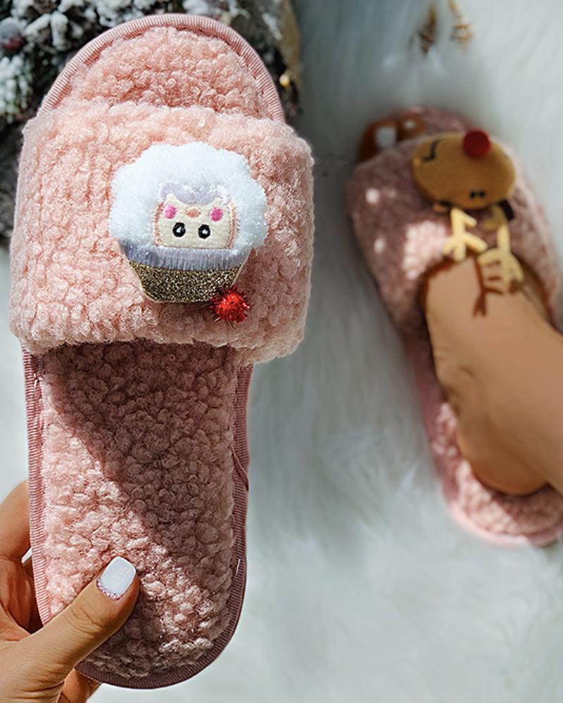 

Christmas Pattern Fluffy Slippers, Pink