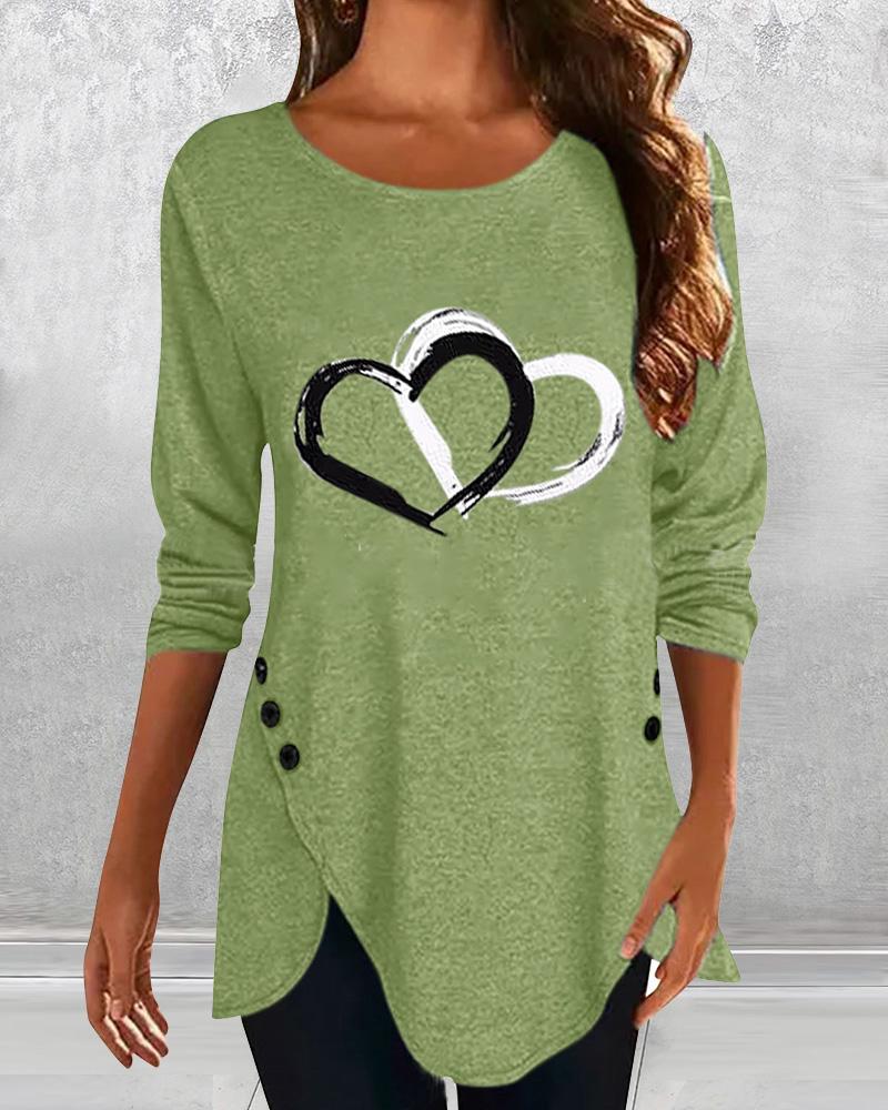 

Heart Print Long Sleeve Blouse, Green