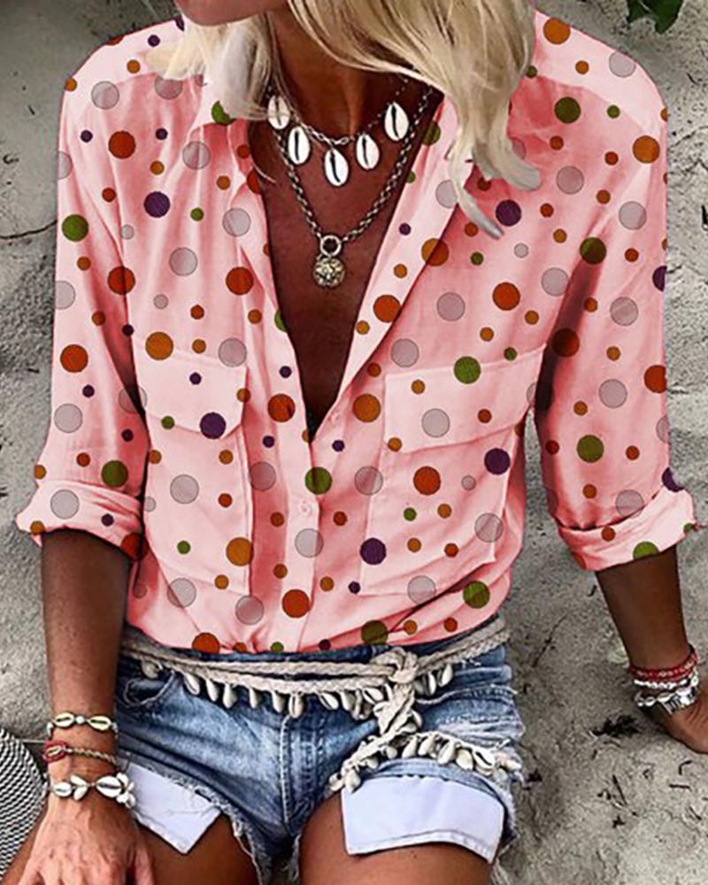 

Double Pockets Dot Print Shirt, Pink