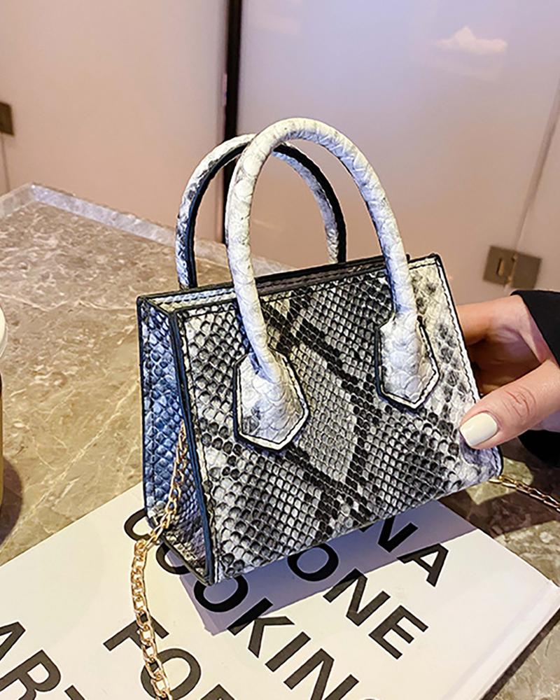 

Snakeskin Chain Satchel Bag, Black