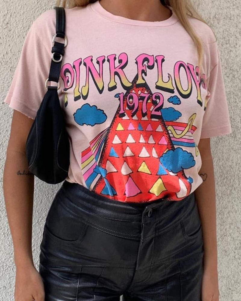 

Cartoon Print Round Neck Casual T-shirt, Pink