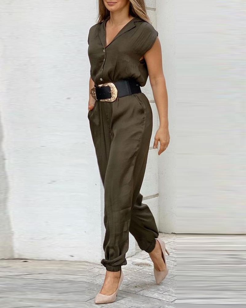 

Plain Button Front Short Sleeve Jumpsuit, Army green