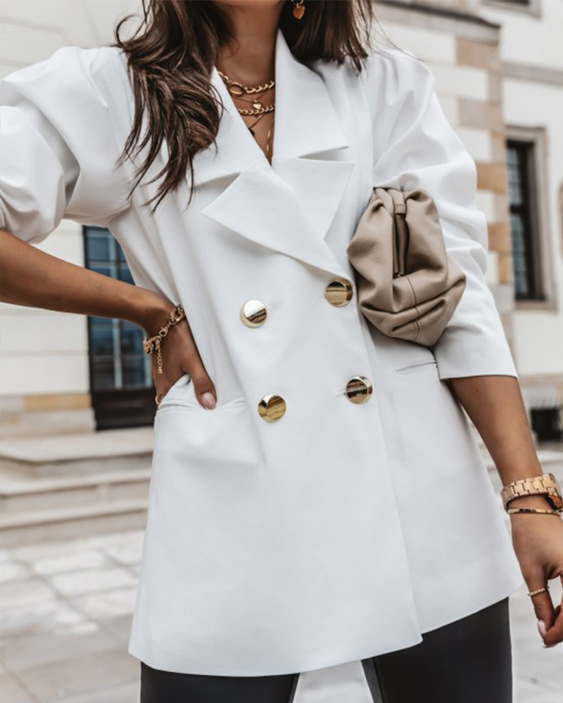 

Plain Double Breasted Long Sleeve Blazer Coat, White