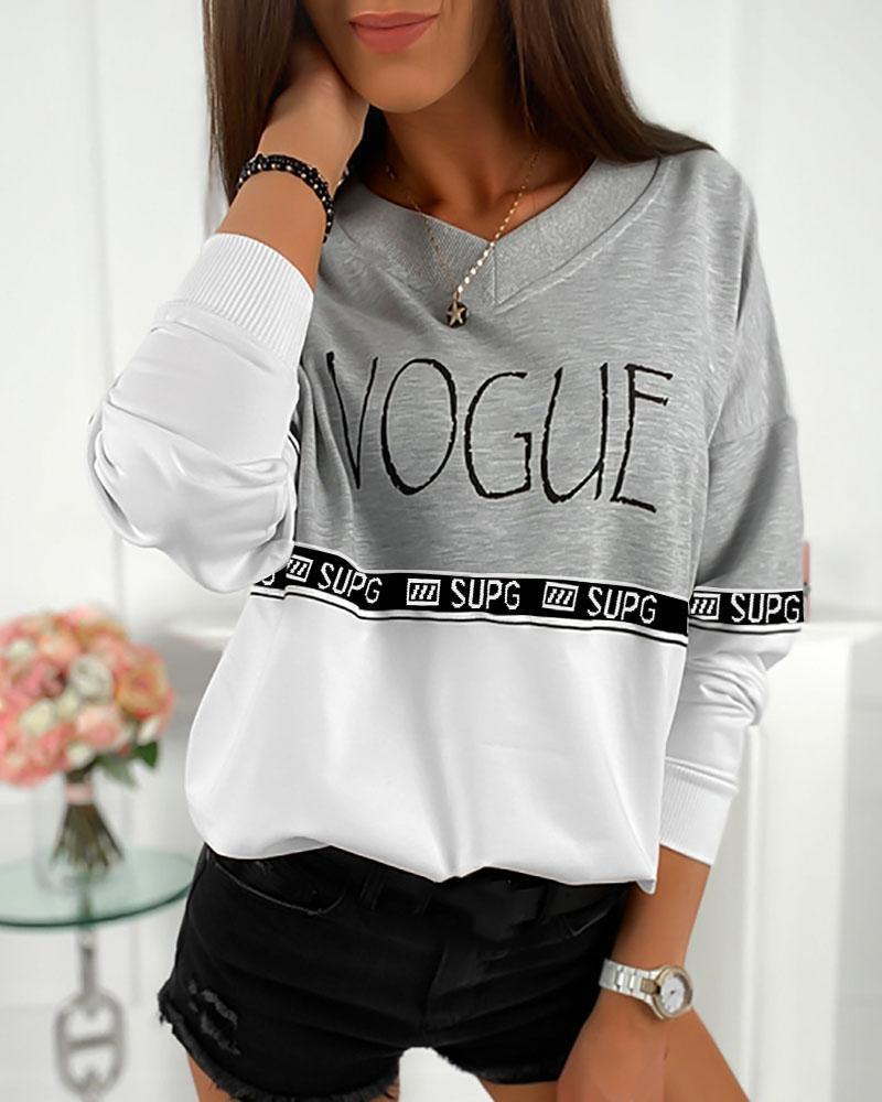 

Colorblock Letter Print Long Sleeve Casual Top, Gray
