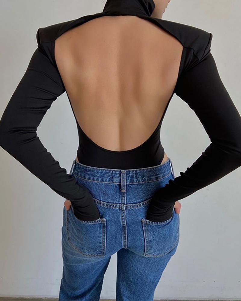

Plain Backless Long Sleeeve Bodysuit, Black