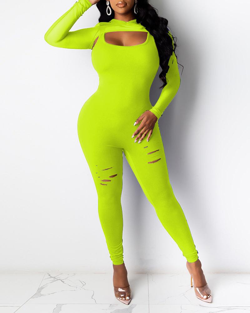 

Hooded Mesh Top & Cutout Fitted Jumpsuit Set, Lvs green