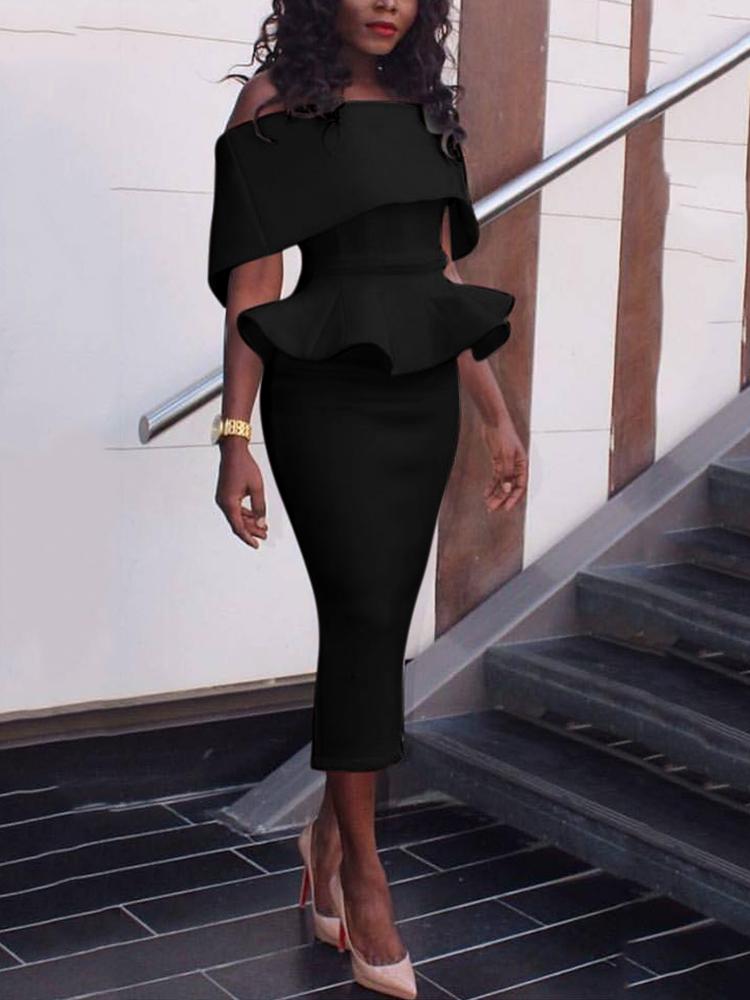 

Women Slash Neck Fold-over Shoulder Peplum Bodycon Dress, Black