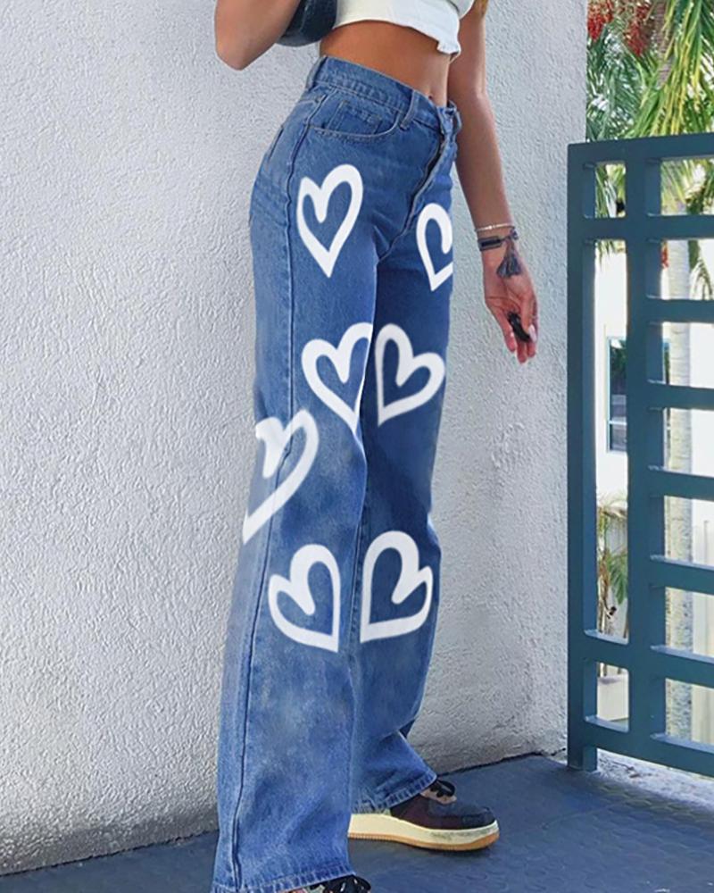 

Heart Print High Waist Straight Leg Jeans, Blue