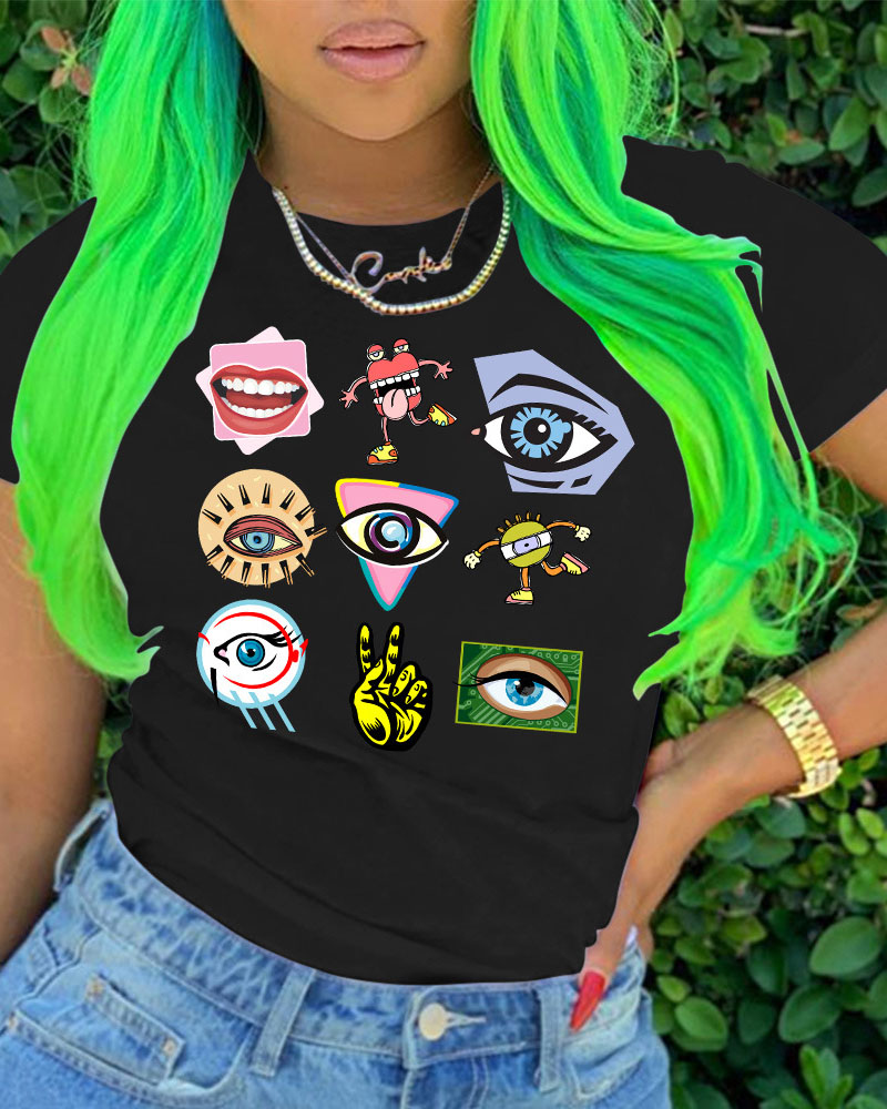 

Eyes / Cartoon / Hand Print Short Sleeve Casual T-shirt, Black
