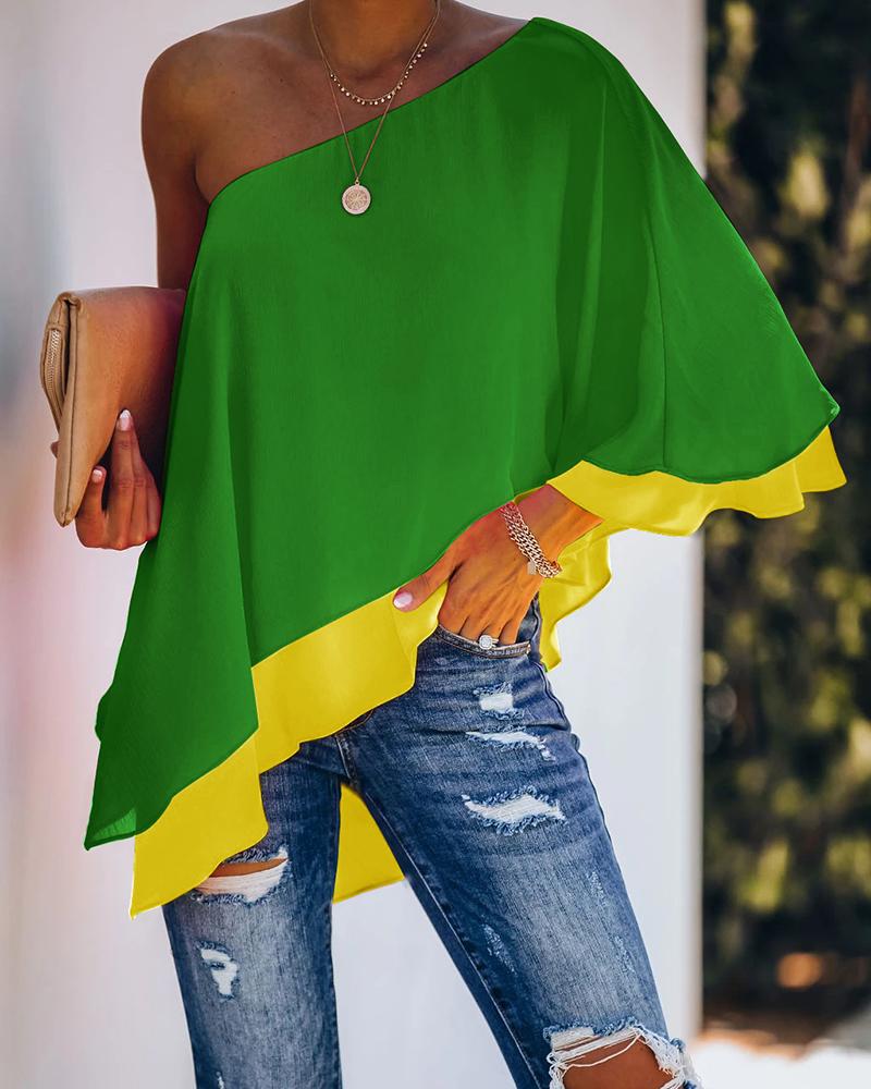 

One shoulder Colour Contrast Ruffles Scallop Trim Irregular Top, Green