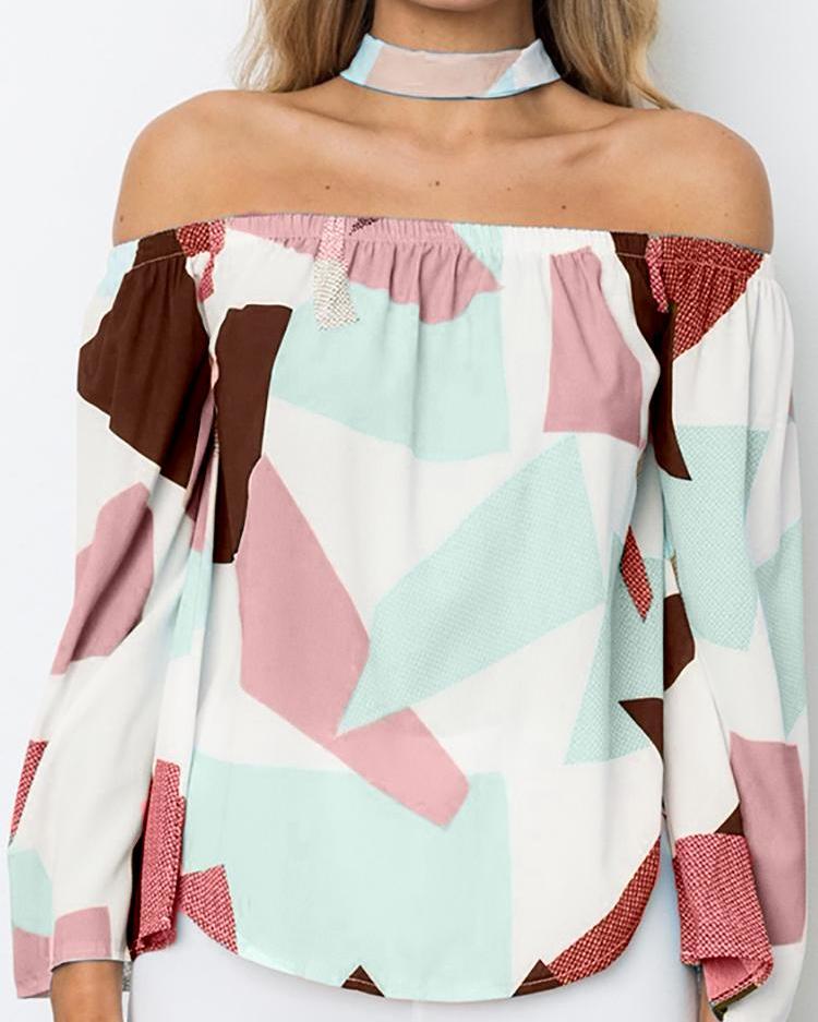 

Digital Print Choker Off Shoulder Bell Sleeve Blouse, Pink