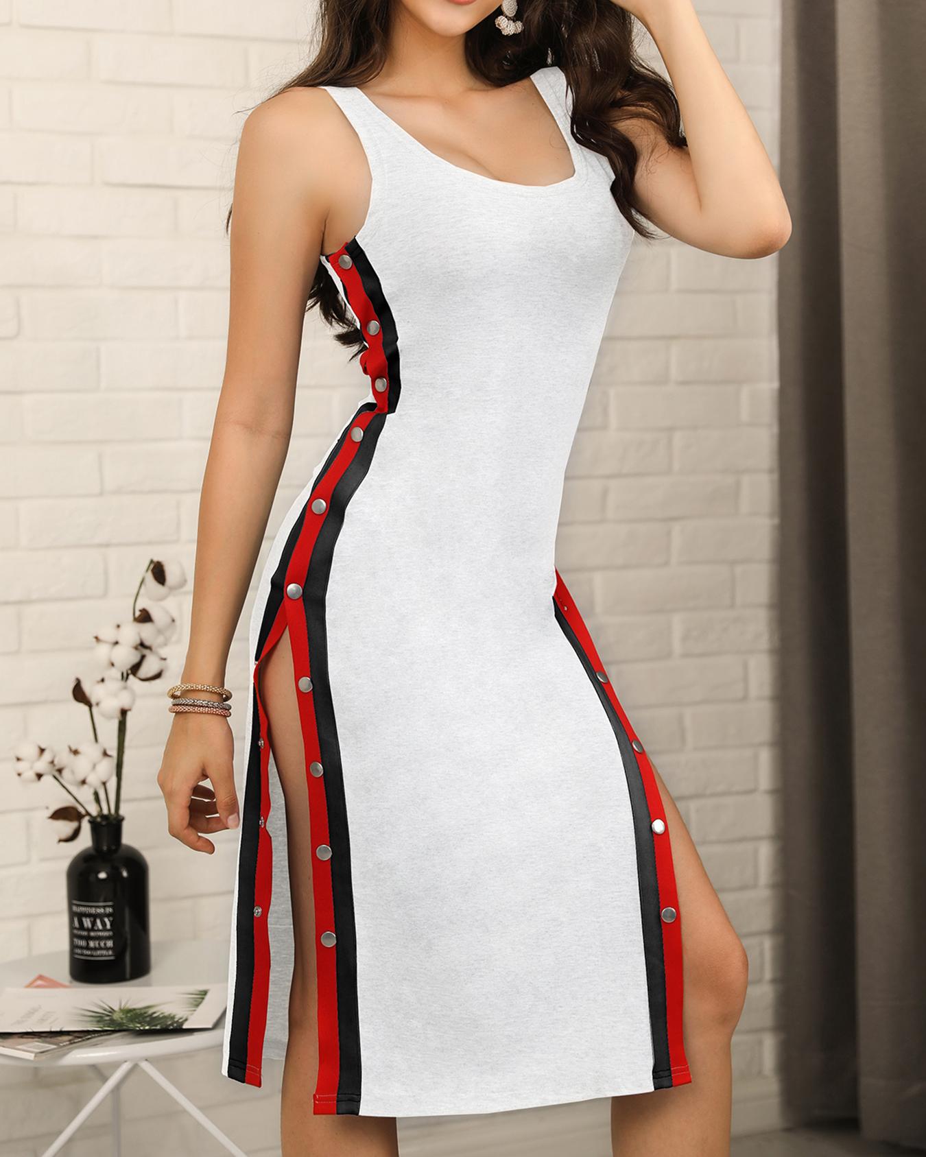 

Striped Tape Split Button Side Bodycon Dress, White