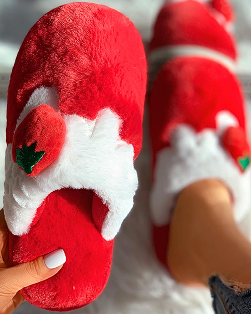 

Fruit Pattern Colorblock Fluffy Slippers, Red