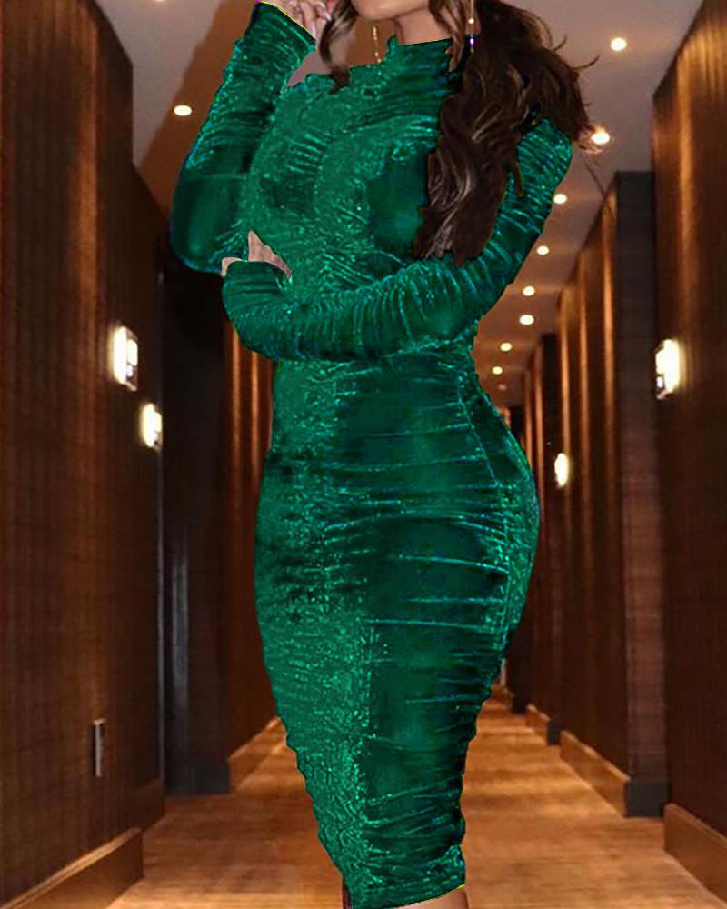 

Velvet Mock Neck Ruched Bodycon Dress, Green