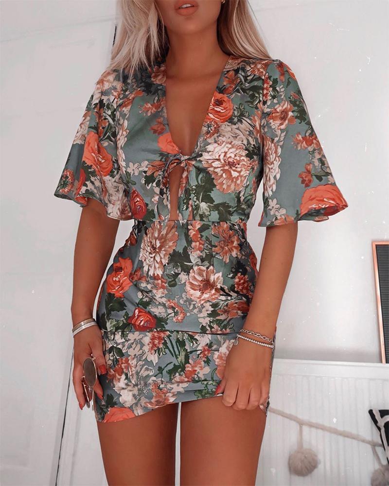 

Floral Print Tie Front Sheath Dress, Green