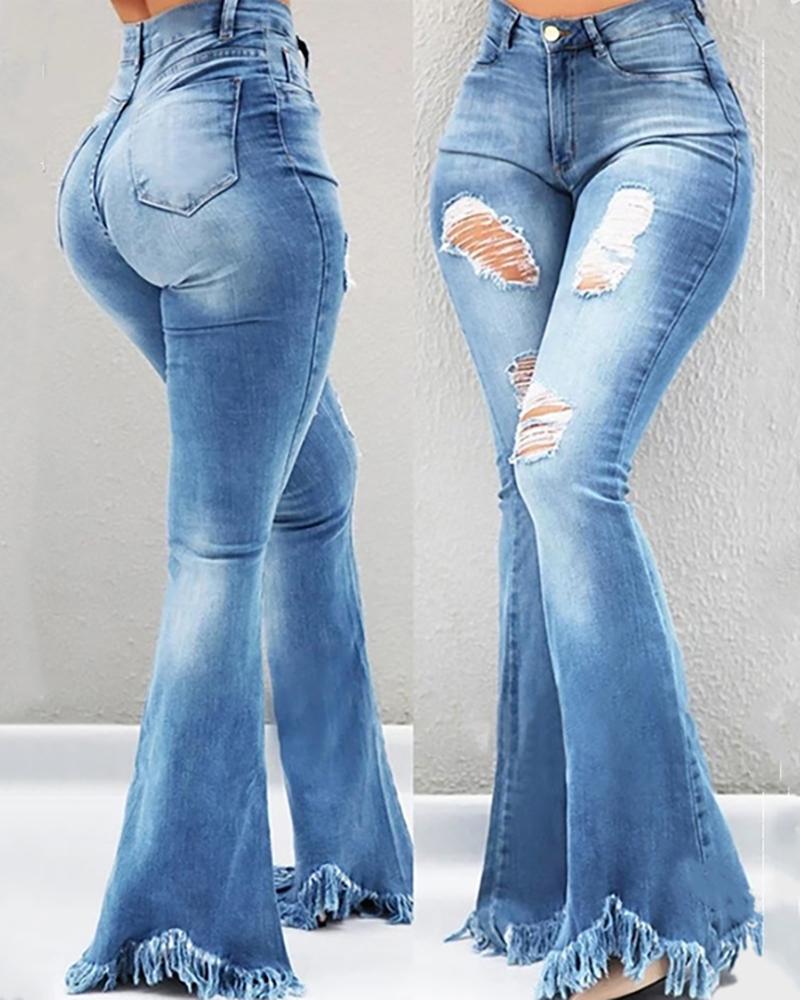 

Ripped Bell-bottomed Tassel Denim Pants, Blue