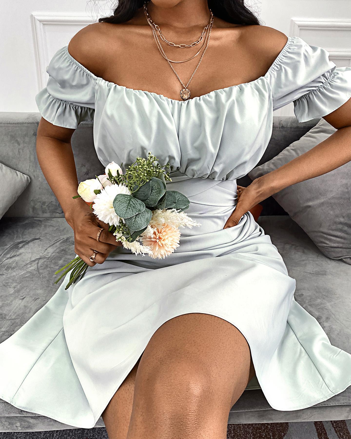 

Off Shoulder Ruched Ruffles Dress, Green
