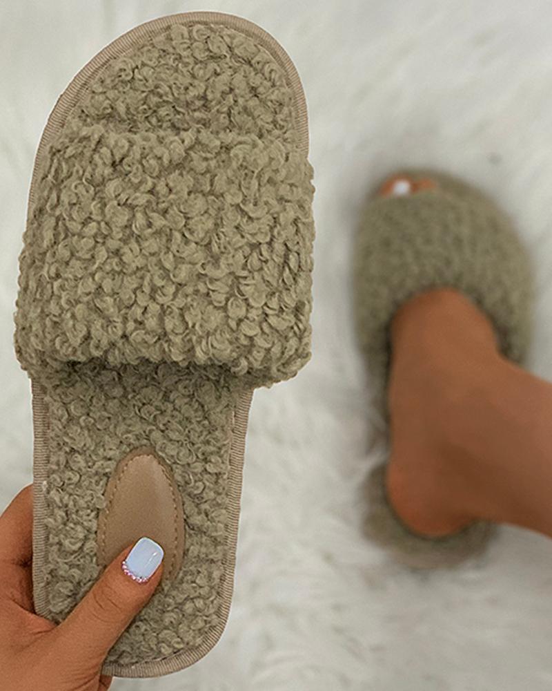 

Plain Fluffy Open Toe Slippers, Khaki