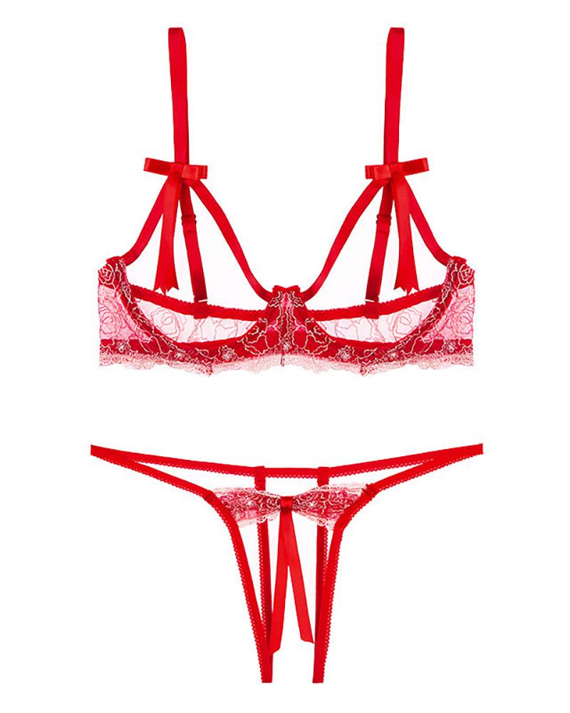 

Plain Sheer Mesh Lace Cutout Lingerie Set, Red
