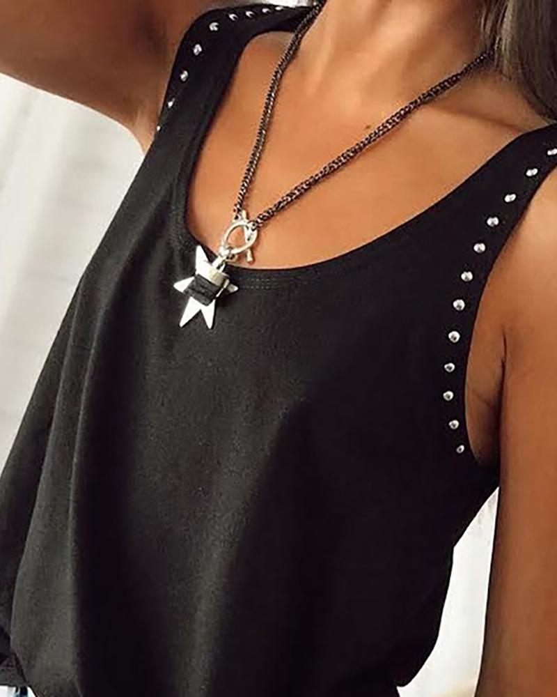 

Beaded Decor Plain U Neck Tank Top, Black