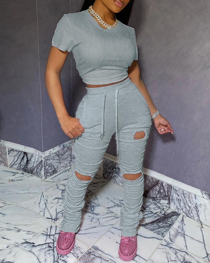 

Solid Short Sleeve Crop Top & Cutout Ruched Pants Set, Gray