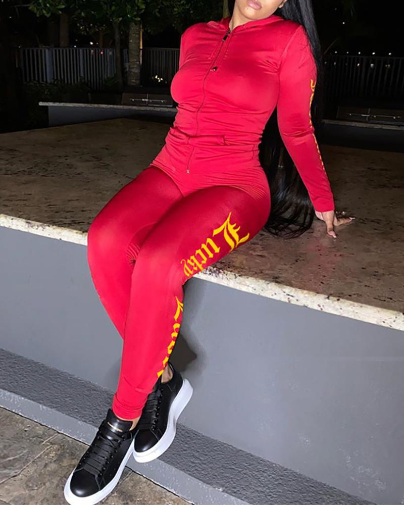 

Letter Print Zip Hooded Top & Skinny Pants Set, Red