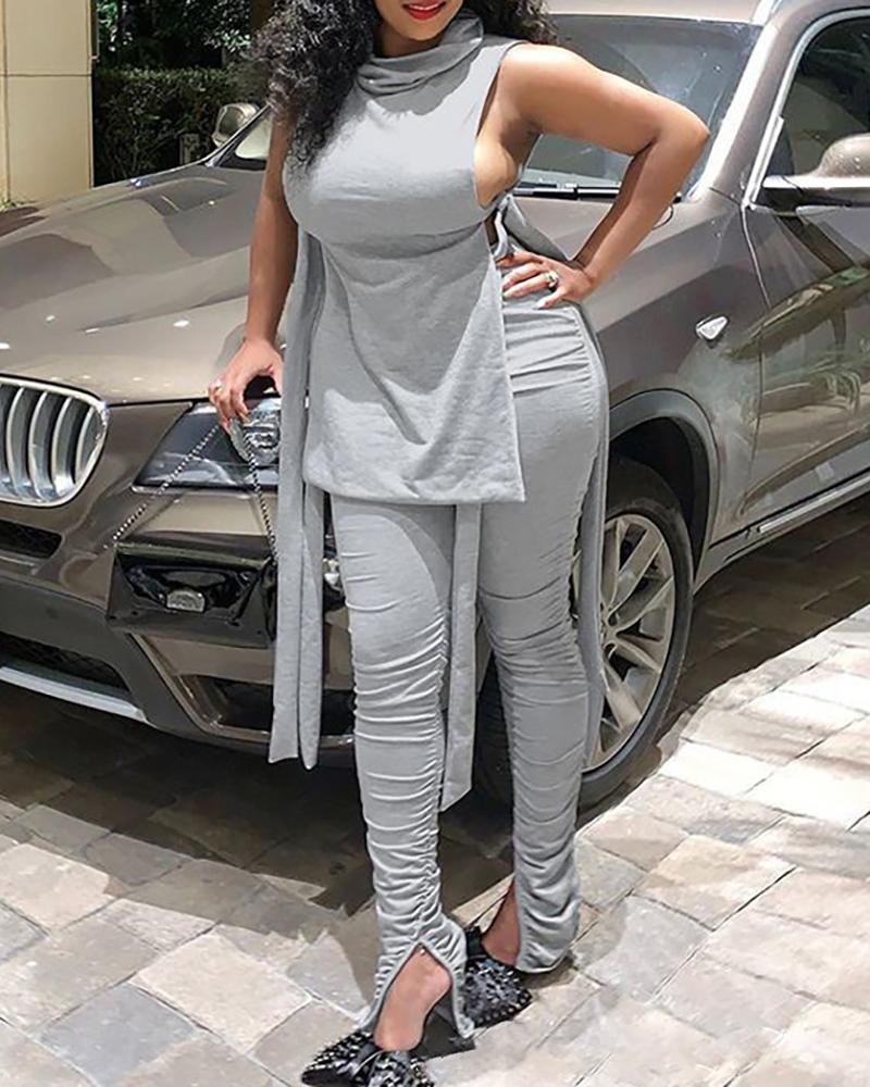

Slit Sleeveless Mock Neck Top & Pants Set, Gray