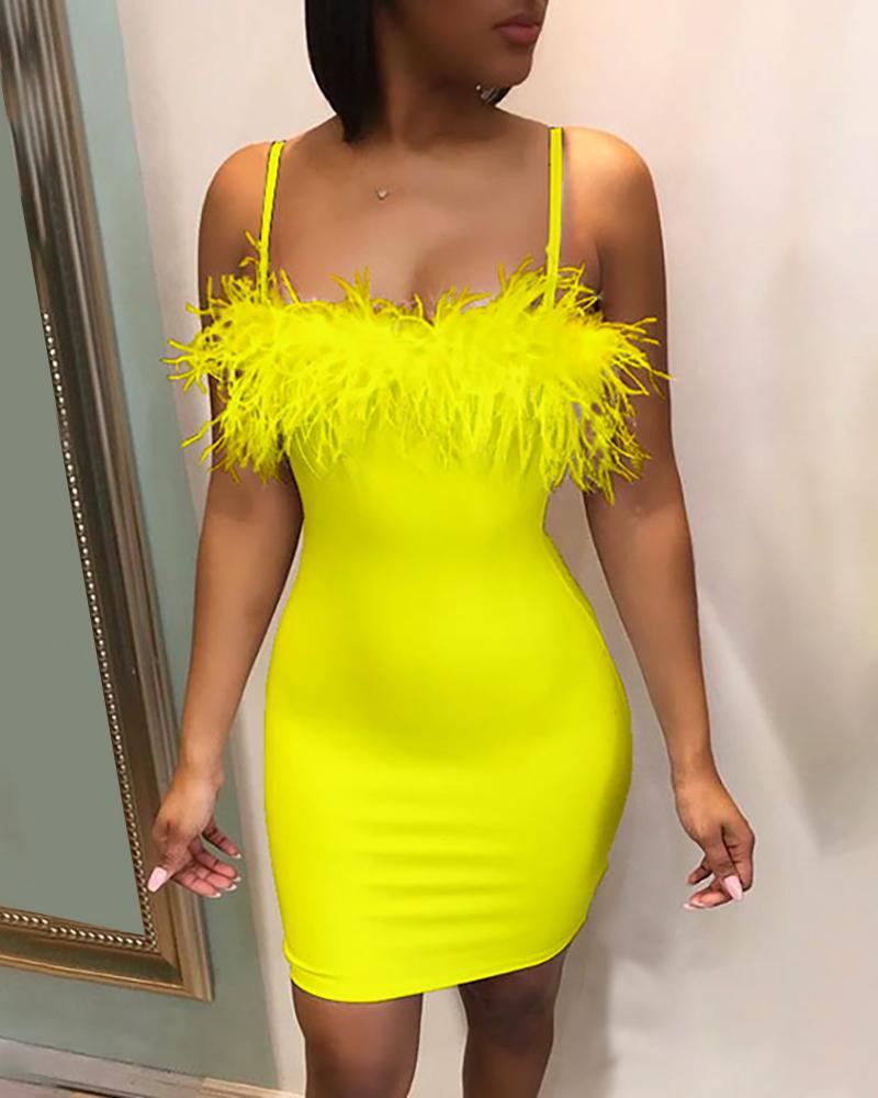 

Feather Neck Printed Sling Bodycon Dress, Yellow