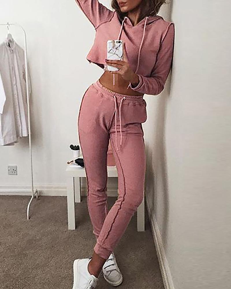 

Hooded Crop Top & Contrast Binding Drawstring Pants Set, Pink