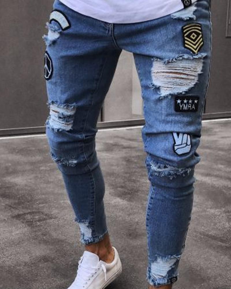 

Fashionable Embroidery Ripped Slim Hole Jeans, Blue