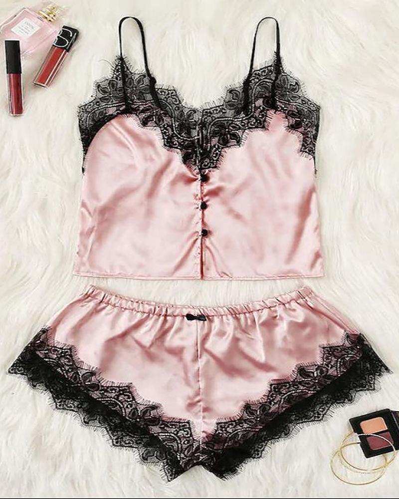 

Eyelash Lace V-neck Cami Set, Pink