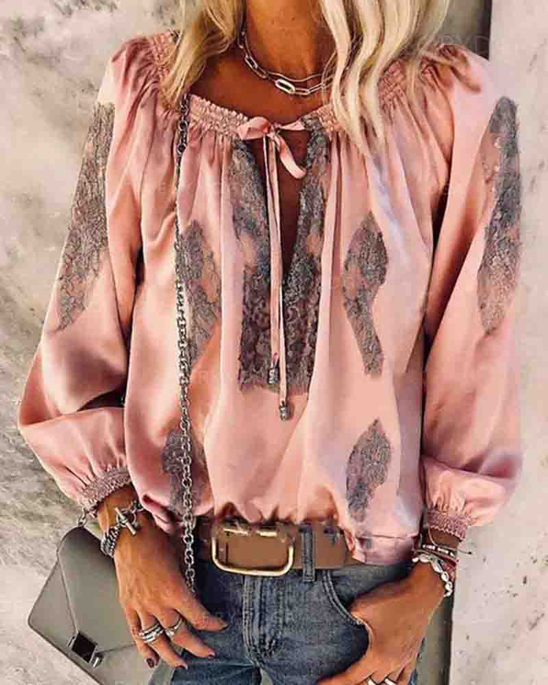 

Colorblock Tie Front Lantern Sleeve Top, Pink