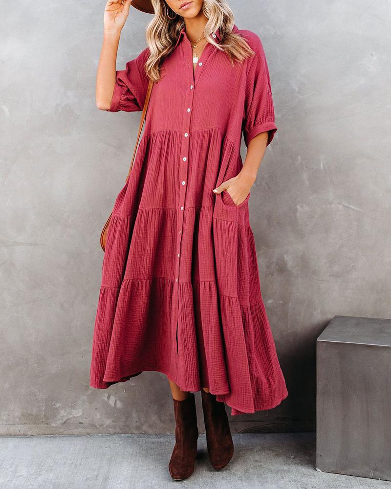 

Plain Button Design Short Sleeve Maxi Dress, Wine red