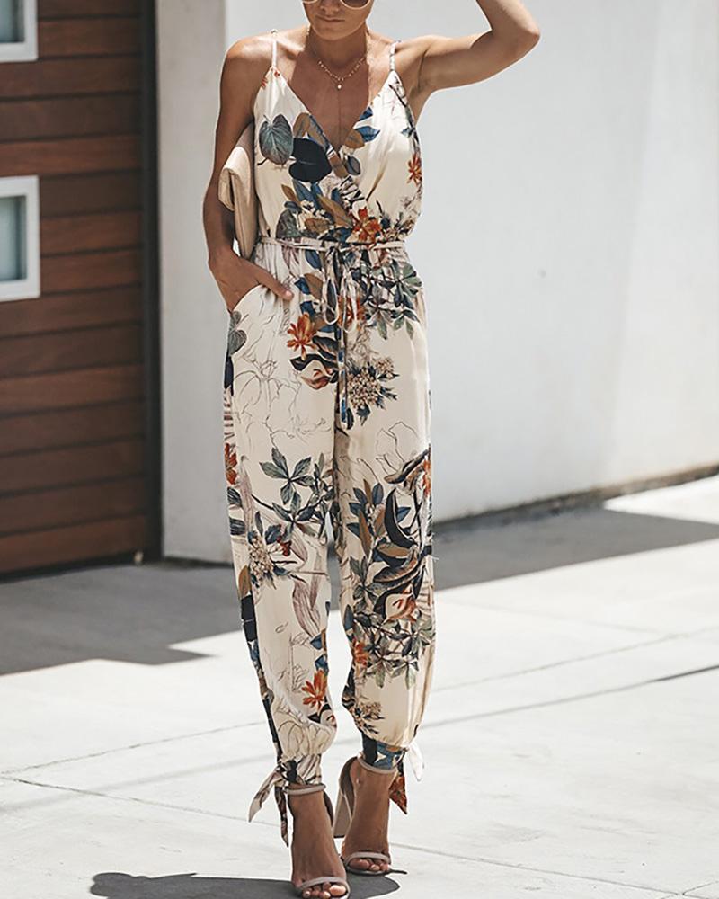 

Floral Print Slit Leg Tied Detail Jumpsuit, Beige