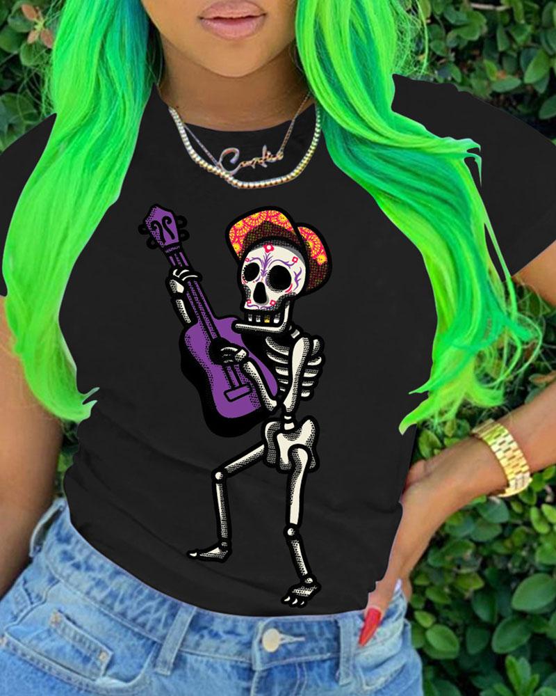

Skeleton Print Short Sleeve Casual T-shirt, Black