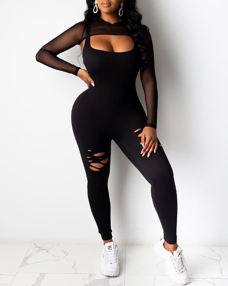 

Hooded Mesh Top & Cutout Fitted Jumpsuit Set, Black