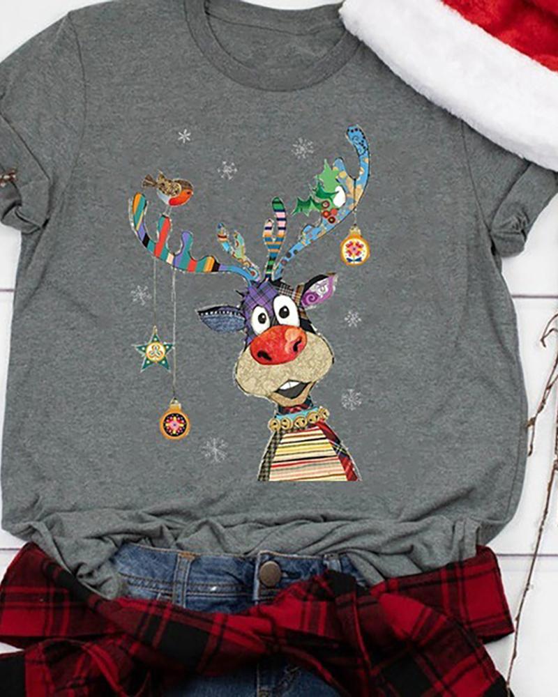 

Christmas Moose Print Casual T-shirt, Gray