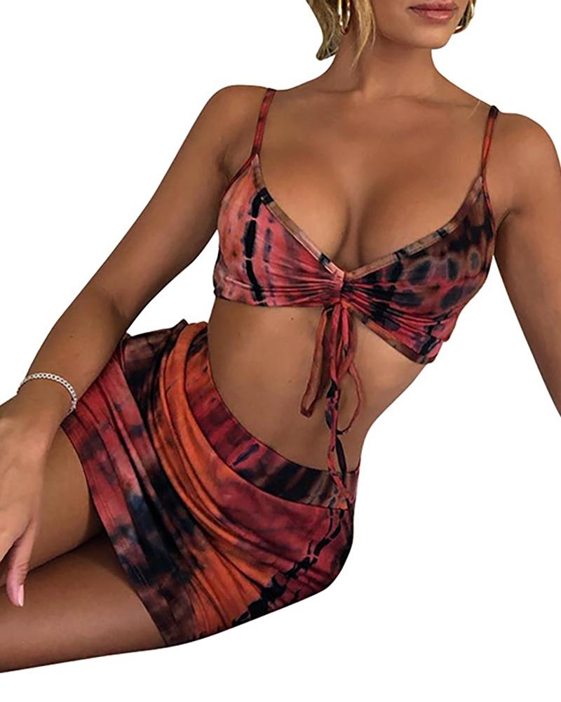 

Mixed Print Open Back Triangle Bikini Set & Skirt, Style3