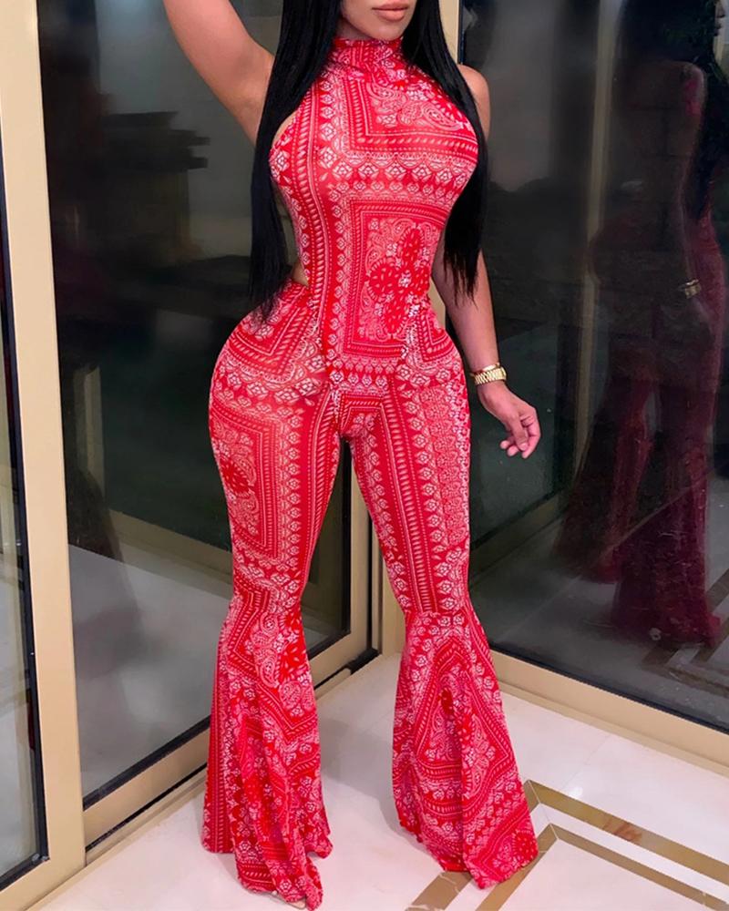 

Retro Print Sheer Mesh Bodysuit & Bootcut Pants Set, Red