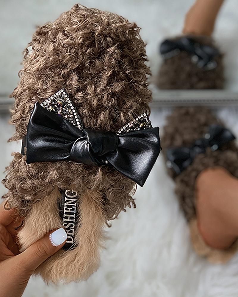 

Bowknot Design Fluffy Slipper, Dark brown