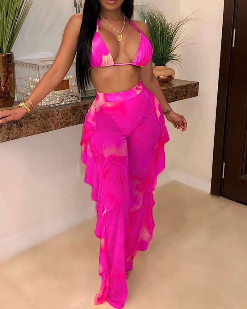 

Halter Tie Dye Print Bikini Top & Ruffles Mesh Pants Set With Panty, Hot pink