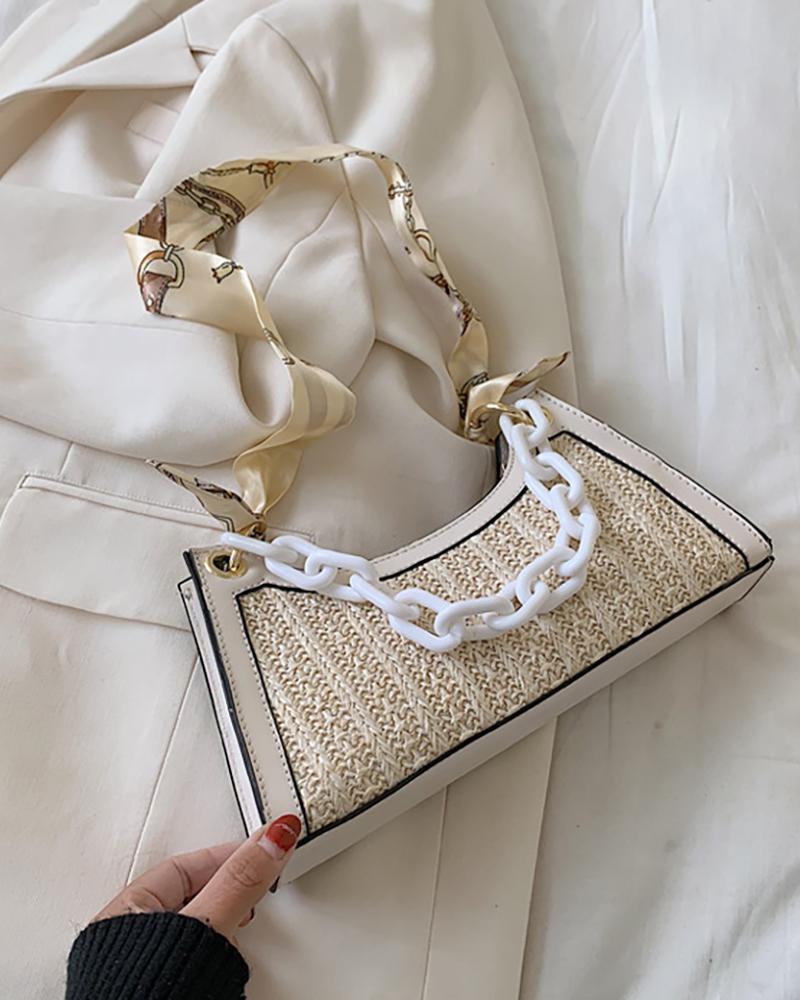 

Zip Top Chain Scarf Strap Woven Tote Bag, White