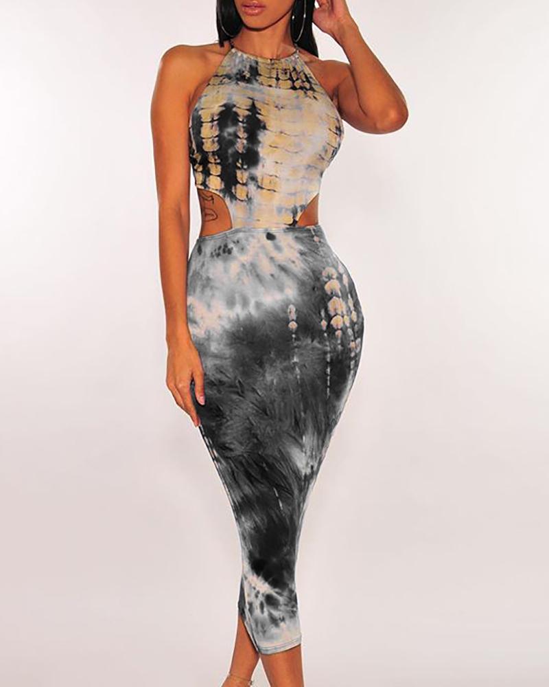 

Halter Backless Drawstring Design Tie Dye Dress, Black