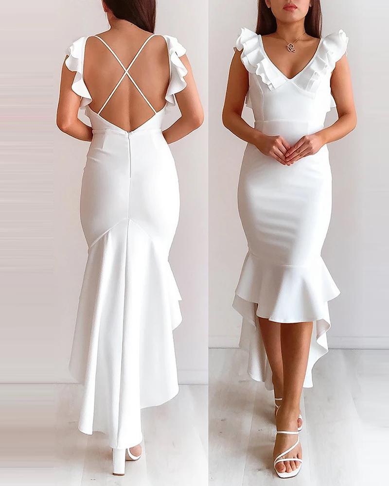 

Ruffles Crisscross Backless Mermaid Dress, White